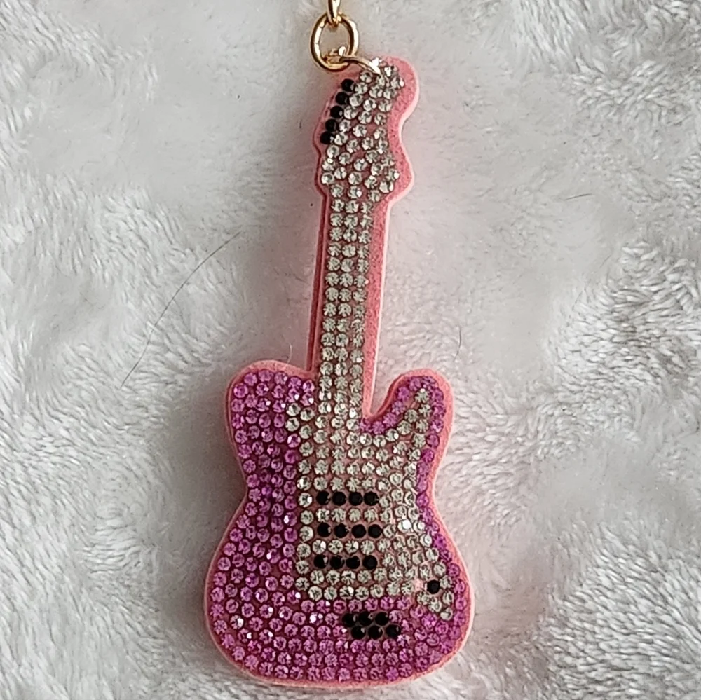 Pink and Gold Guitar Keychain Bag Charm